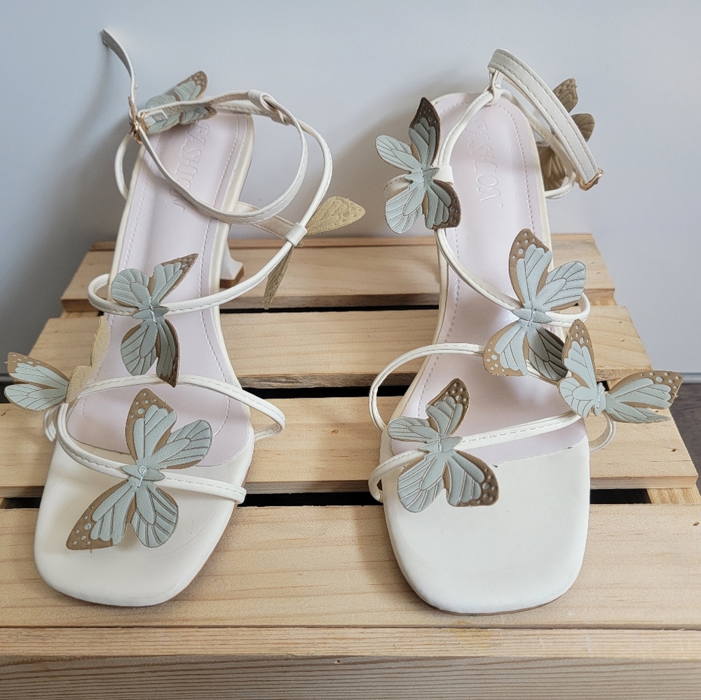 Beige & Blue Butterfly Heels Sz 38 | Strappy Square Toe Stiletto